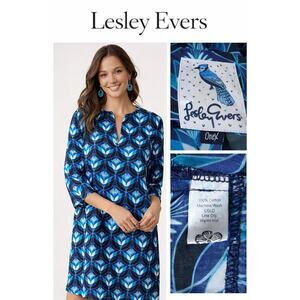 ￼ Lesley Evers blue floral Tunic Dress 1x Cotton V-neck 3/4 Sleeve Boho Shift